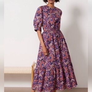 Evereve Noelle Open Back Floral Maxi Dress Size S Puff Sleeve Cotton‎